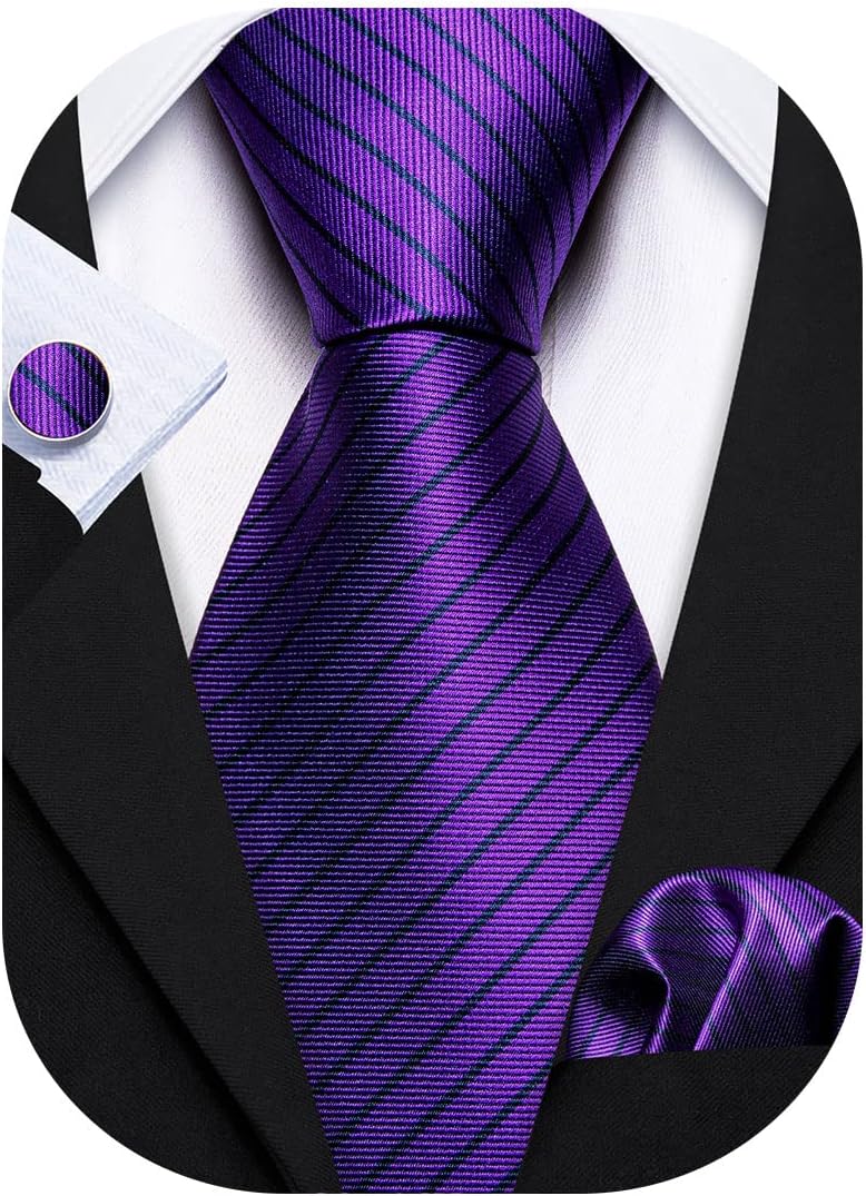 Barry.Wang Store Tie Sets for Men Silk Stripe Necktie Woven Checkered Handkerchief Cufflinks Formal Business Wedding - Image 1